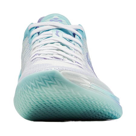 Low-top basketball shoe side view in light blue with teal textured sole and purple heel tab