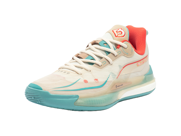 Unisex mid basketball shoe, oat beige upper with red collar and teal sole