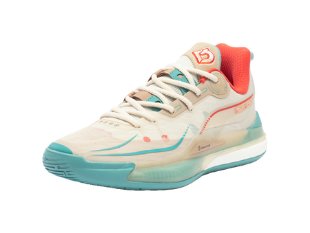 Unisex mid basketball shoe, oat beige upper with red collar and teal sole