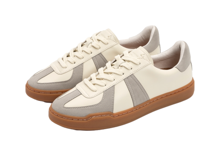 Pair of low-top skate shoes, off-white leather with gray side stripes and tan gum soles
