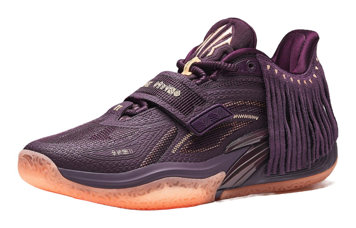 Purple basketball shoe angled front view, lace-up, patterned midsole and fringe collar
