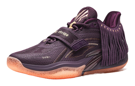 Purple basketball shoe angled front view, lace-up, patterned midsole and fringe collar