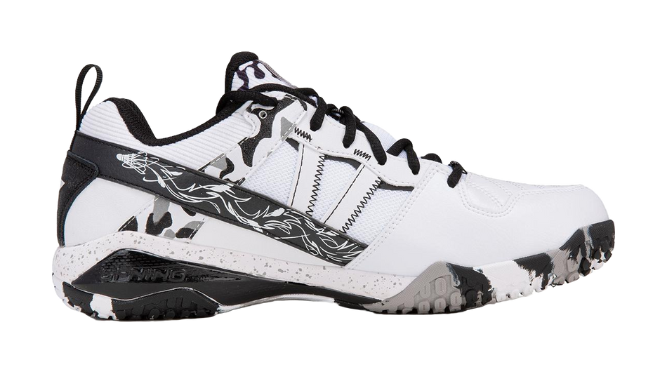 Unisex badminton shoe in white with black camo print and long black stripe across side