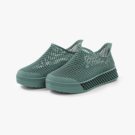 Green 3D-printed casual sneakers side-by-side in slip-on style with rubber sole