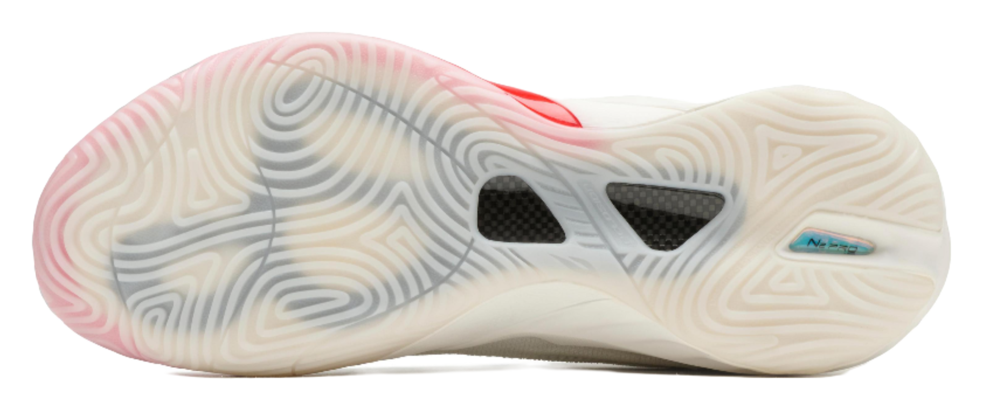 Unisex basketball shoe, outsole view with red heel and patterned midsole