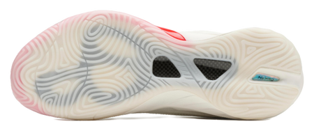 Unisex basketball shoe, outsole view with red heel and patterned midsole