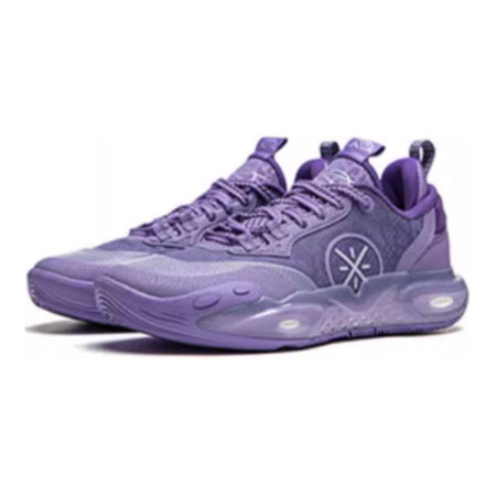 Kids purple basketball shoe, toe and side view, lace-up knit upper, X logo on quarter