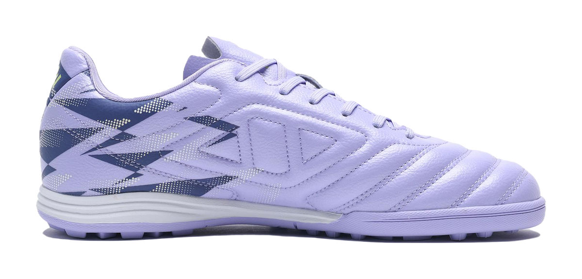 Lilac purple TF turf soccer shoes, lace-up with diagonal panel graphics and cushioned sole