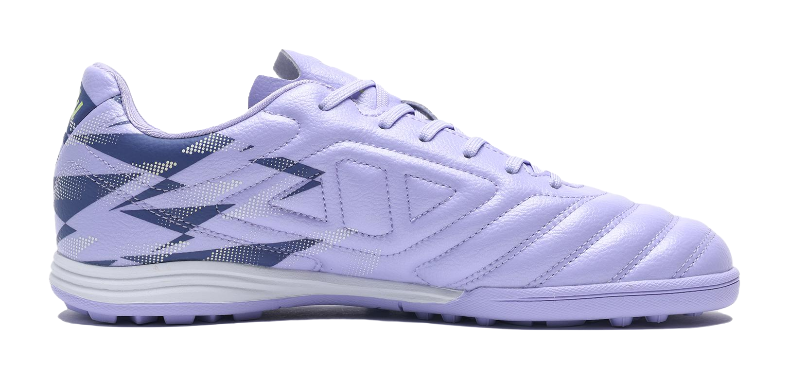 Lilac purple TF turf soccer shoes, lace-up with diagonal panel graphics and cushioned sole