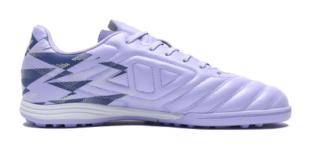 Lilac purple TF turf soccer shoes, lace-up with diagonal panel graphics and cushioned sole