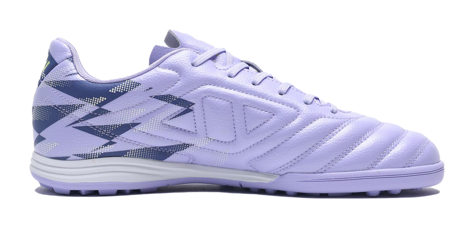 Lilac purple TF turf soccer shoes, lace-up with diagonal panel graphics and cushioned sole