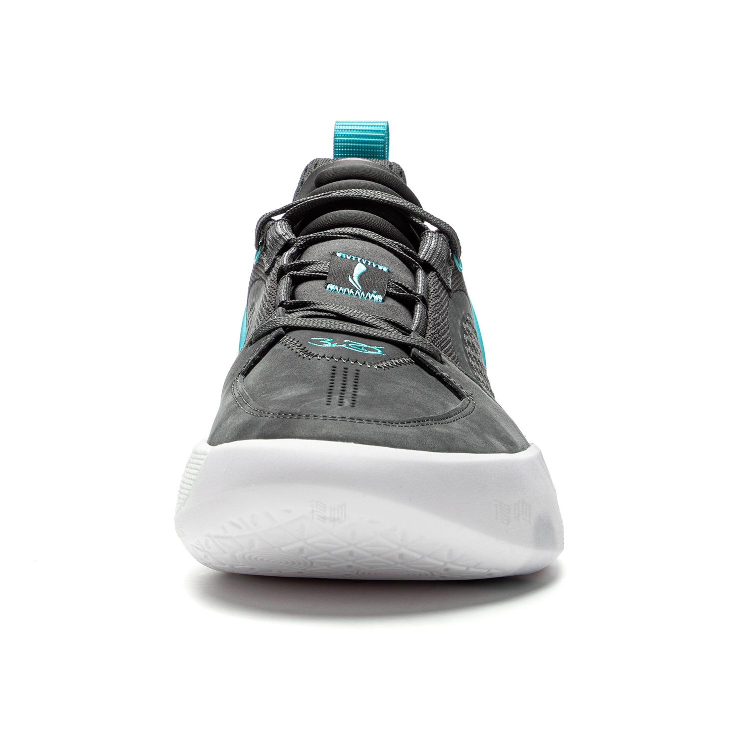 Men's basketball shoe front view, dark charcoal suede with teal embroidery, white sole