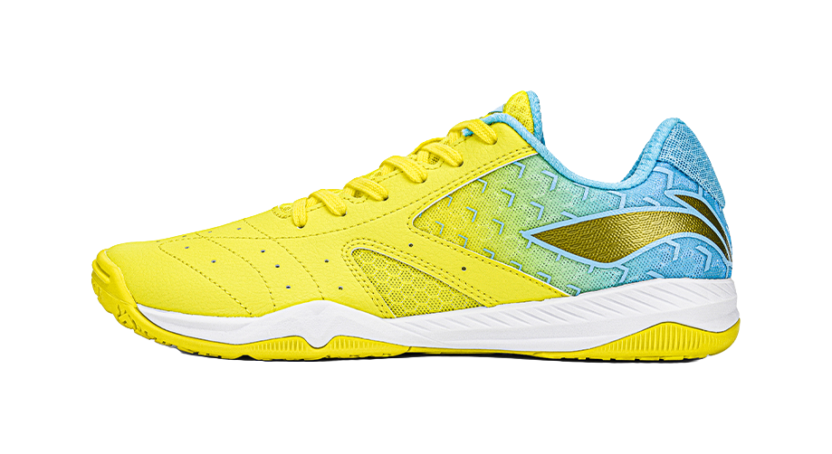 Yellow table tennis shoe with blue trim and white sole, lace-up front