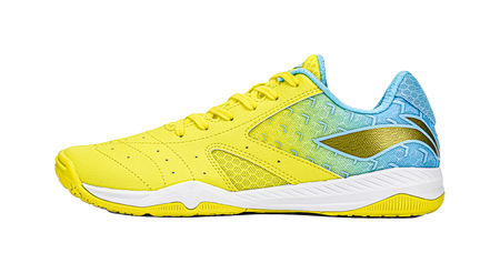 Yellow table tennis shoe with blue trim and white sole, lace-up front