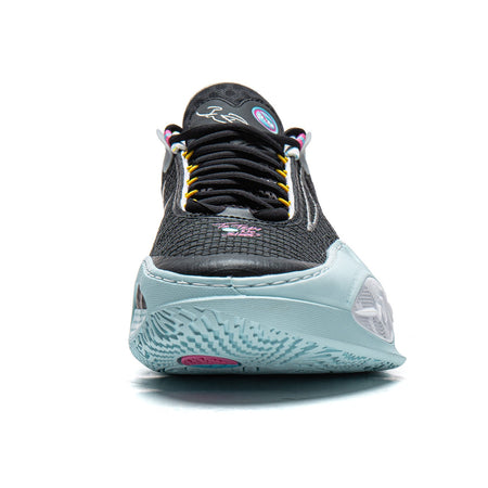 Black basketball shoe front quarter with light blue sole and multicolor lace details.