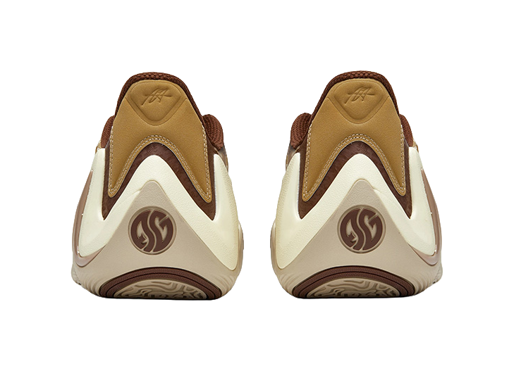 Men's low-top basketball shoes, heel and toe view in tan and brown with white accents