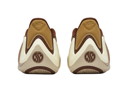 Men's low-top basketball shoes, heel and toe view in tan and brown with white accents