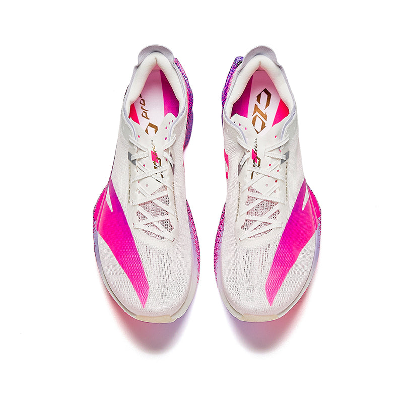 Women's marathon racing shoe with white upper, pink stripe and purple heel trim