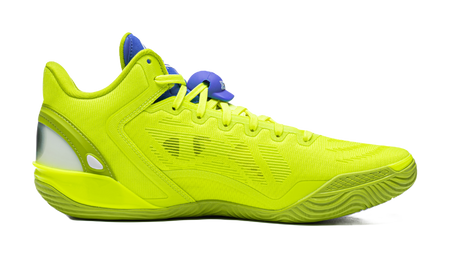 Green low basketball shoe, reverse side with textured panels and molded sole
