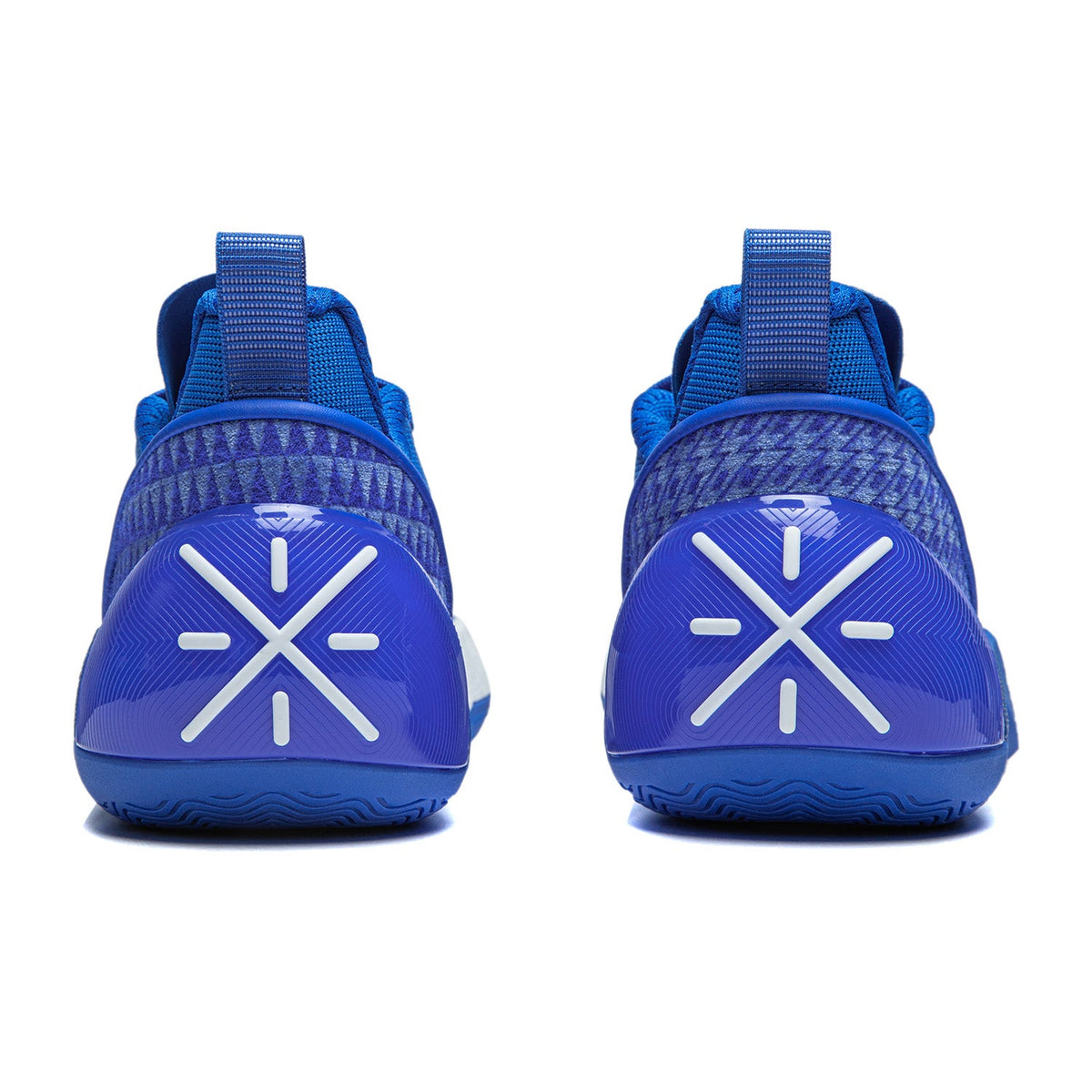 Men's basketball shoe bright blue; back view with heel strap and X logo on heel