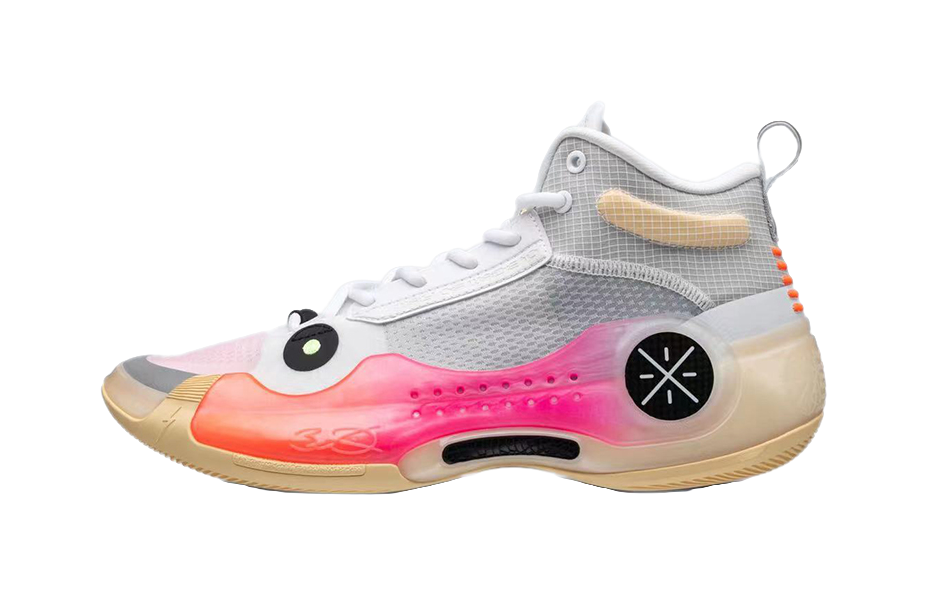 Low-top basketball shoes in light gray, pink and orange with lace-up closure