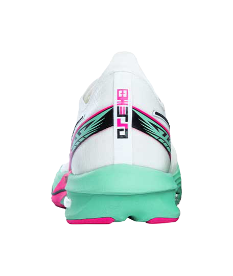 White running shoe back view with teal heel and pink-black side stripes.