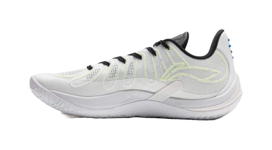 Li-Ning basketball shoe side view: white upper with light green lines, black laces, sculpted midsole