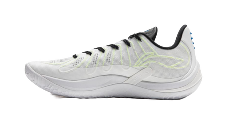 Li-Ning basketball shoe side view: white upper with light green lines, black laces, sculpted midsole