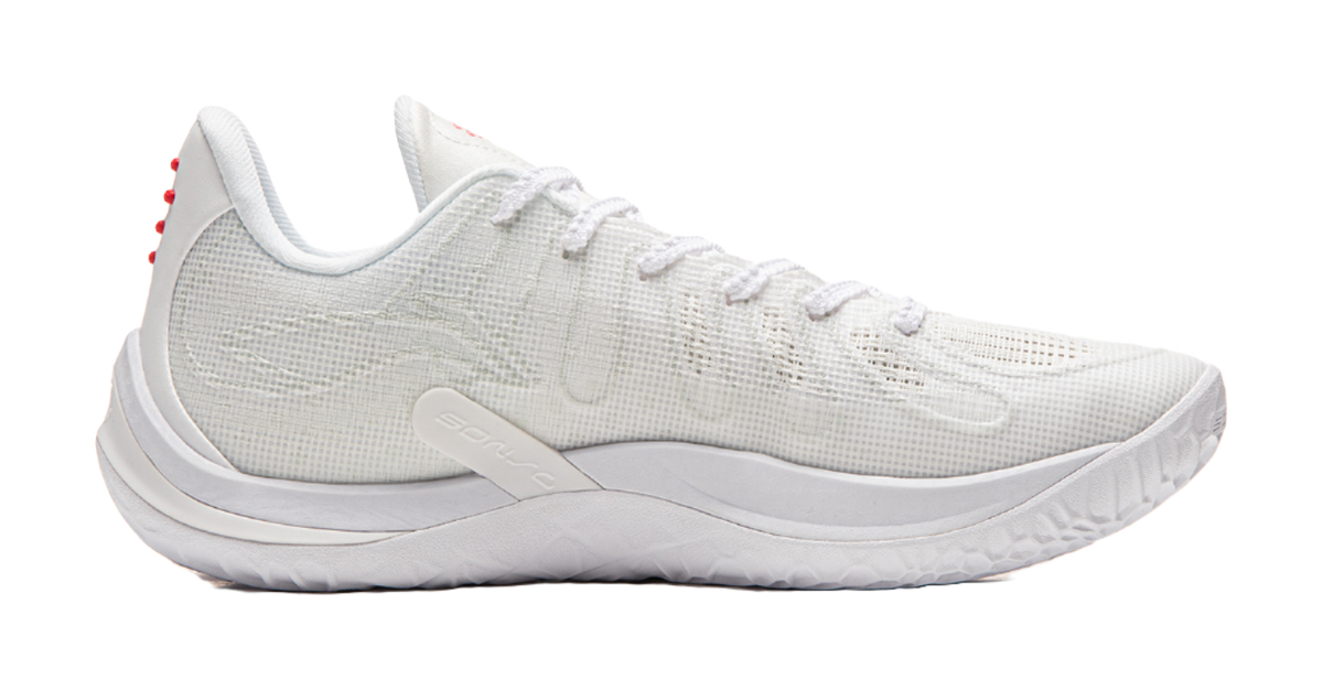 White mesh basketball shoe with lace-up upper, curved side panel, and cushioned sole.