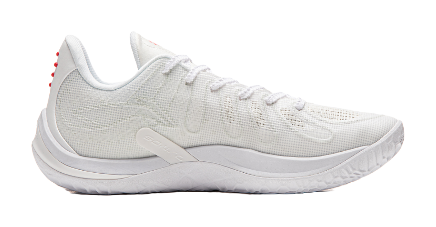 White mesh basketball shoe with lace-up upper, curved side panel, and cushioned sole.