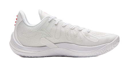 White mesh basketball shoe with lace-up upper, curved side panel, and cushioned sole.