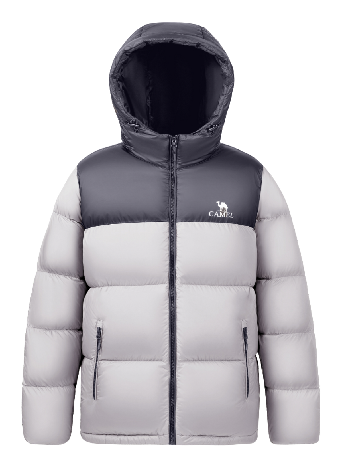 Men's hooded two-tone puffer down jacket in light gray with front zip and side zip pockets