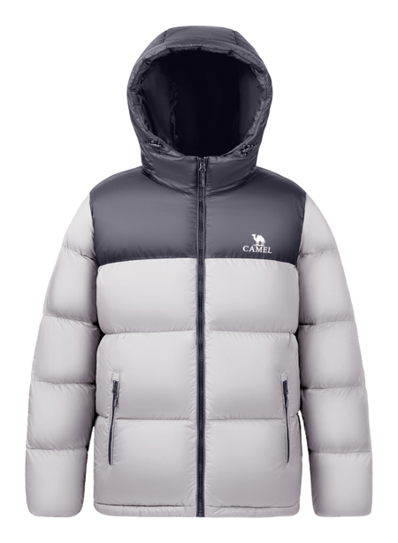 Men's hooded two-tone puffer down jacket in light gray with front zip and side zip pockets