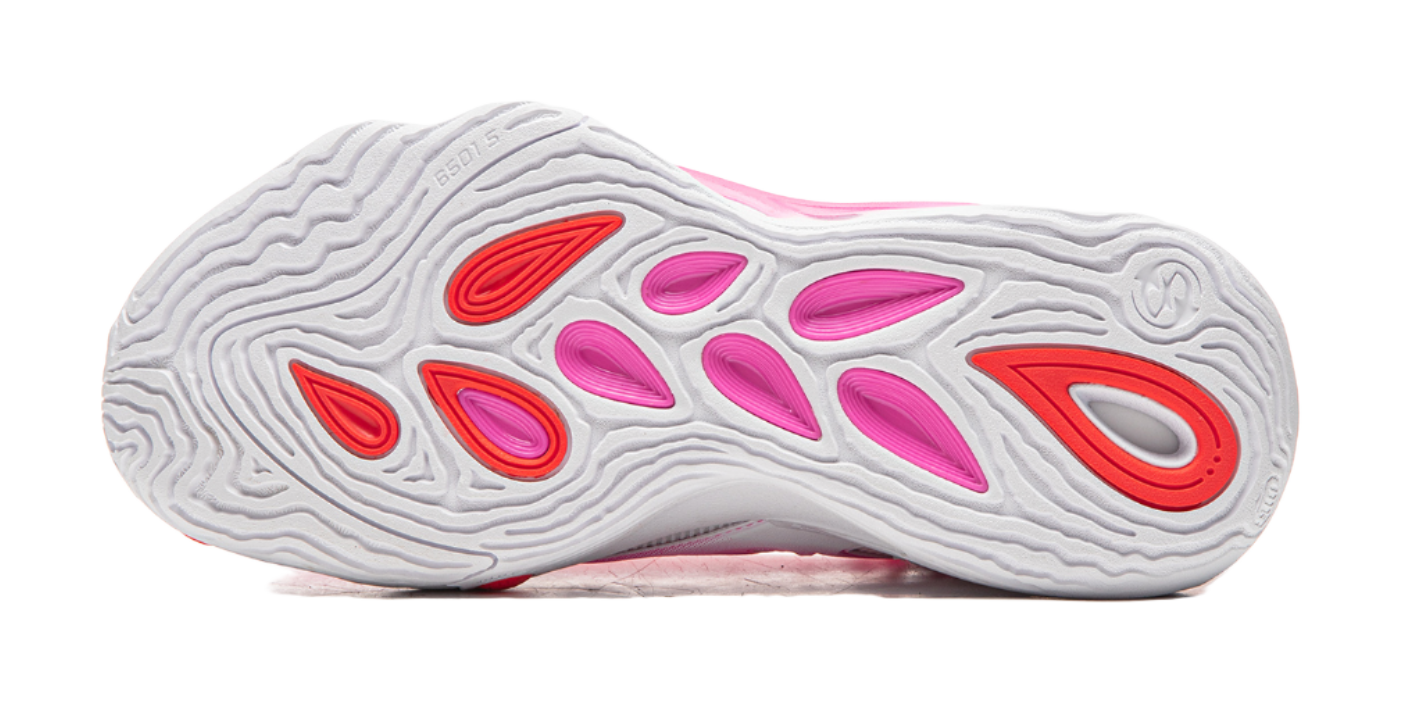 Unisex basketball shoe outsole, white tread with pink and red traction pods