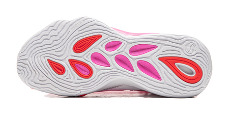 Unisex basketball shoe outsole, white tread with pink and red traction pods