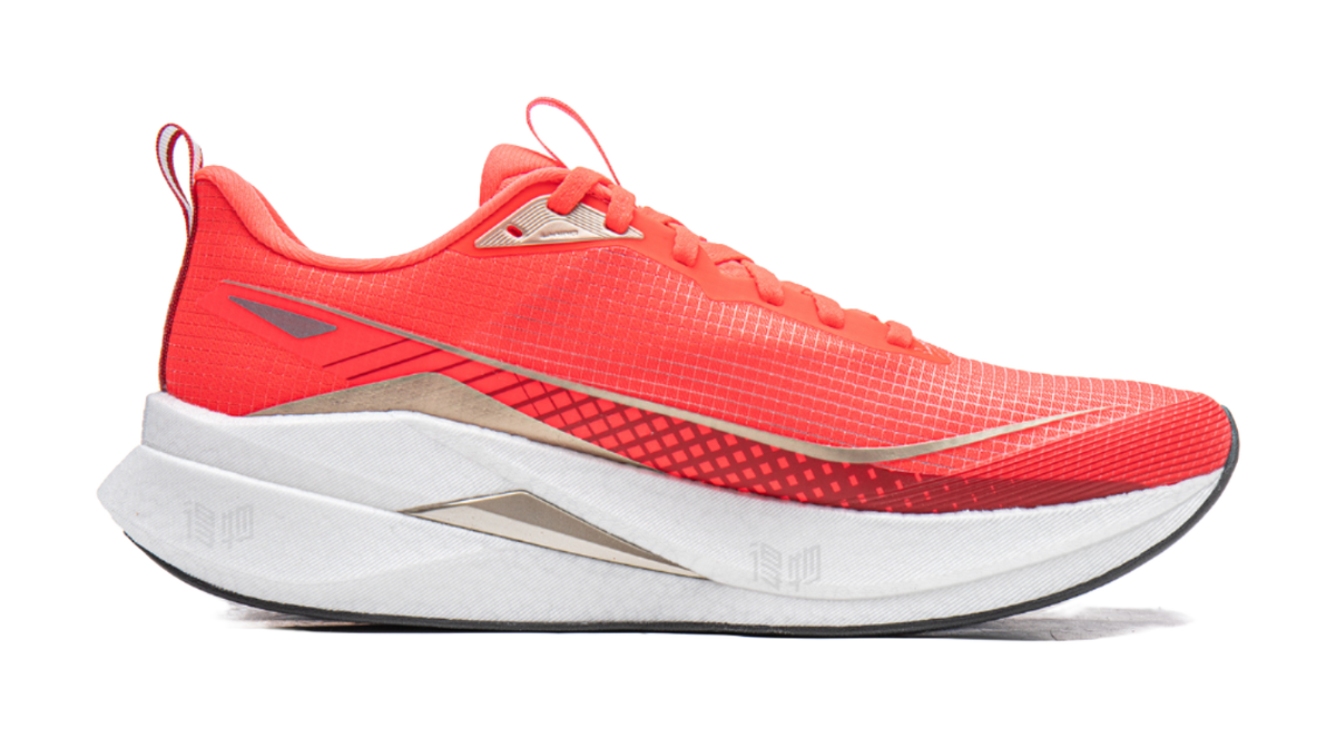 Li-Ning red running shoe, angled side view with laces and white midsole