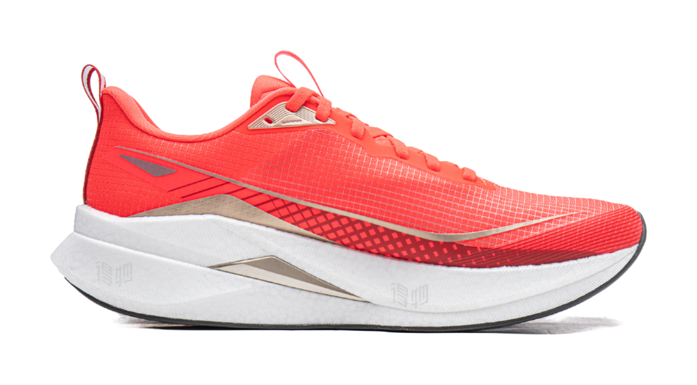 Li-Ning red running shoe, angled side view with laces and white midsole