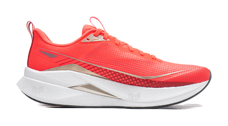 Li-Ning red running shoe, angled side view with laces and white midsole