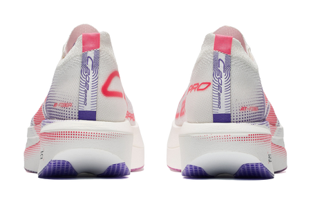 Back view low-cut running sneakers, white knit with purple-red accents and heel pull