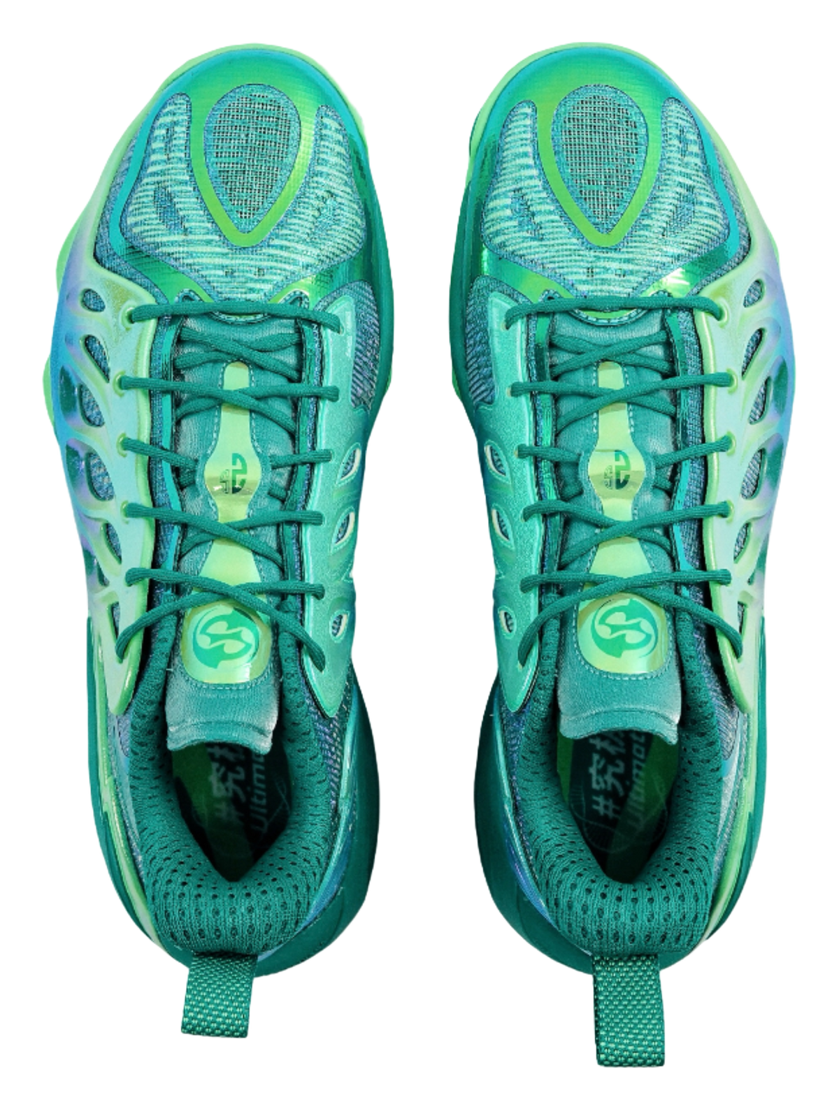 Li-Ning green basketball sneaker pair, front-facing with mesh tongue and lace-up front