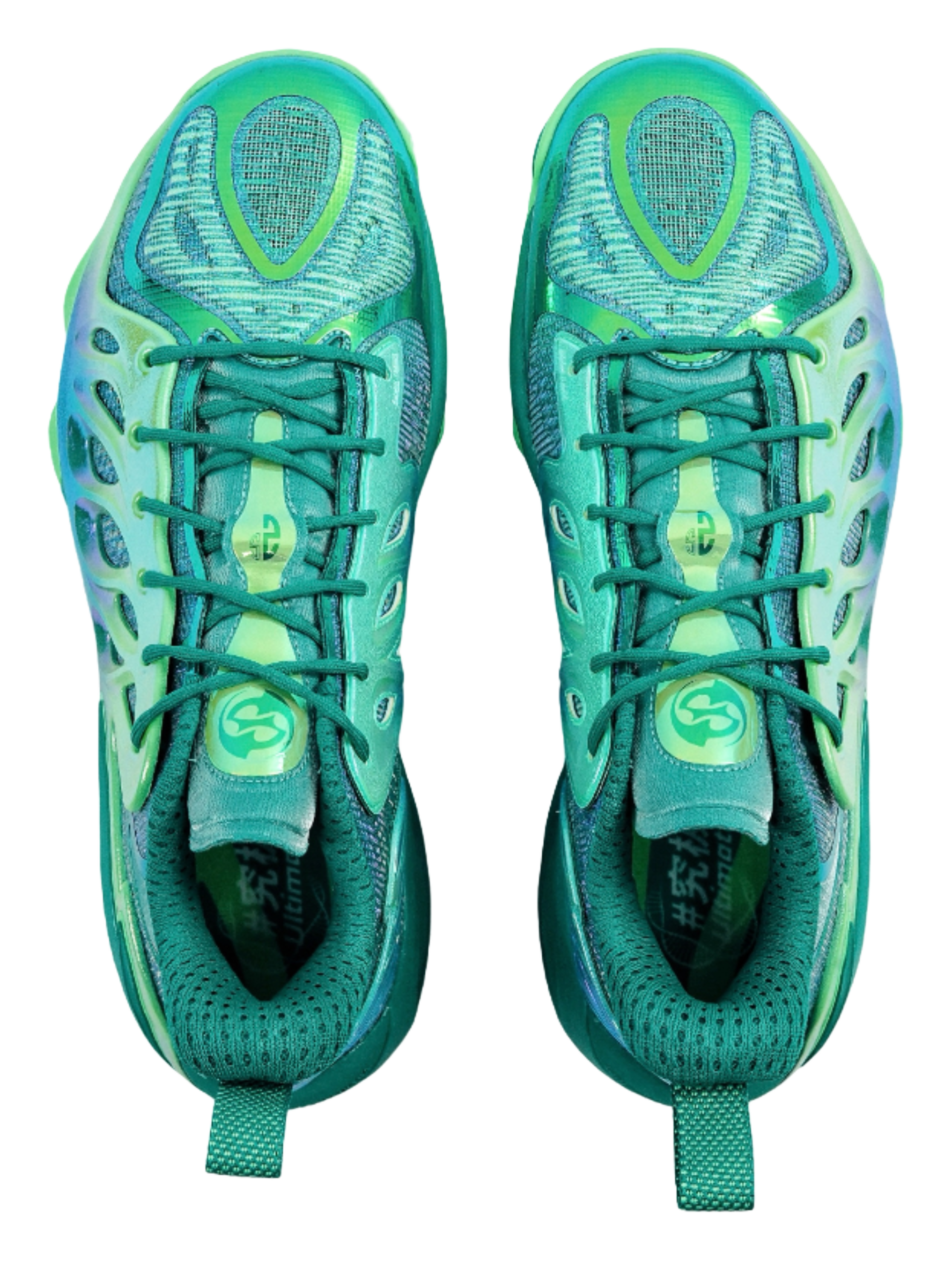 Li-Ning green basketball sneaker pair, front-facing with mesh tongue and lace-up front