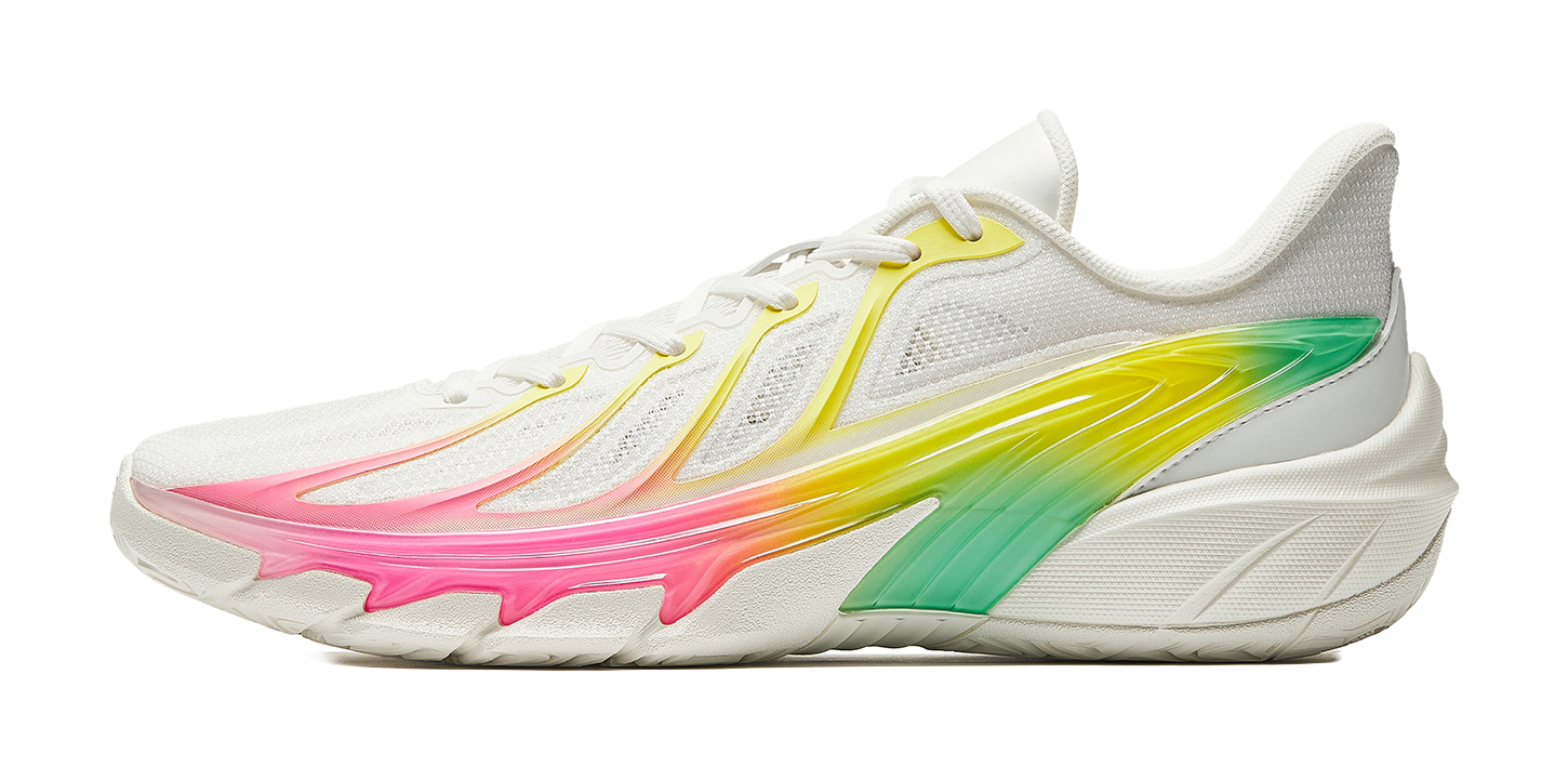 Men's low-top basketball shoes with white mesh upper, lace-up, pink/yellow/green accents.