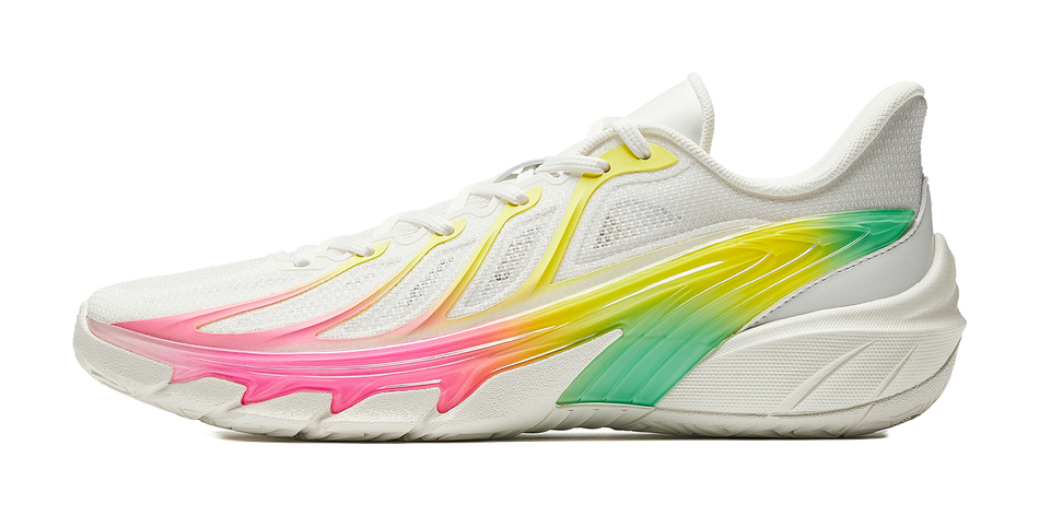 Men's low-top basketball shoes with white mesh upper, lace-up, pink/yellow/green accents.