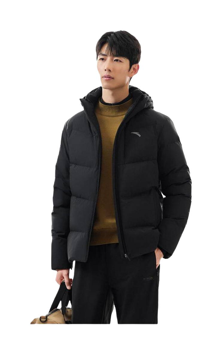 Men's black hooded down jacket worn over sweater, full-zip front