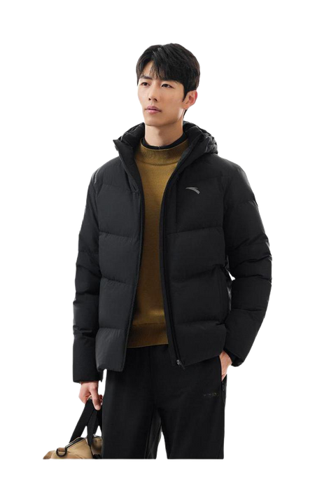 Men's black hooded down jacket worn over sweater, full-zip front