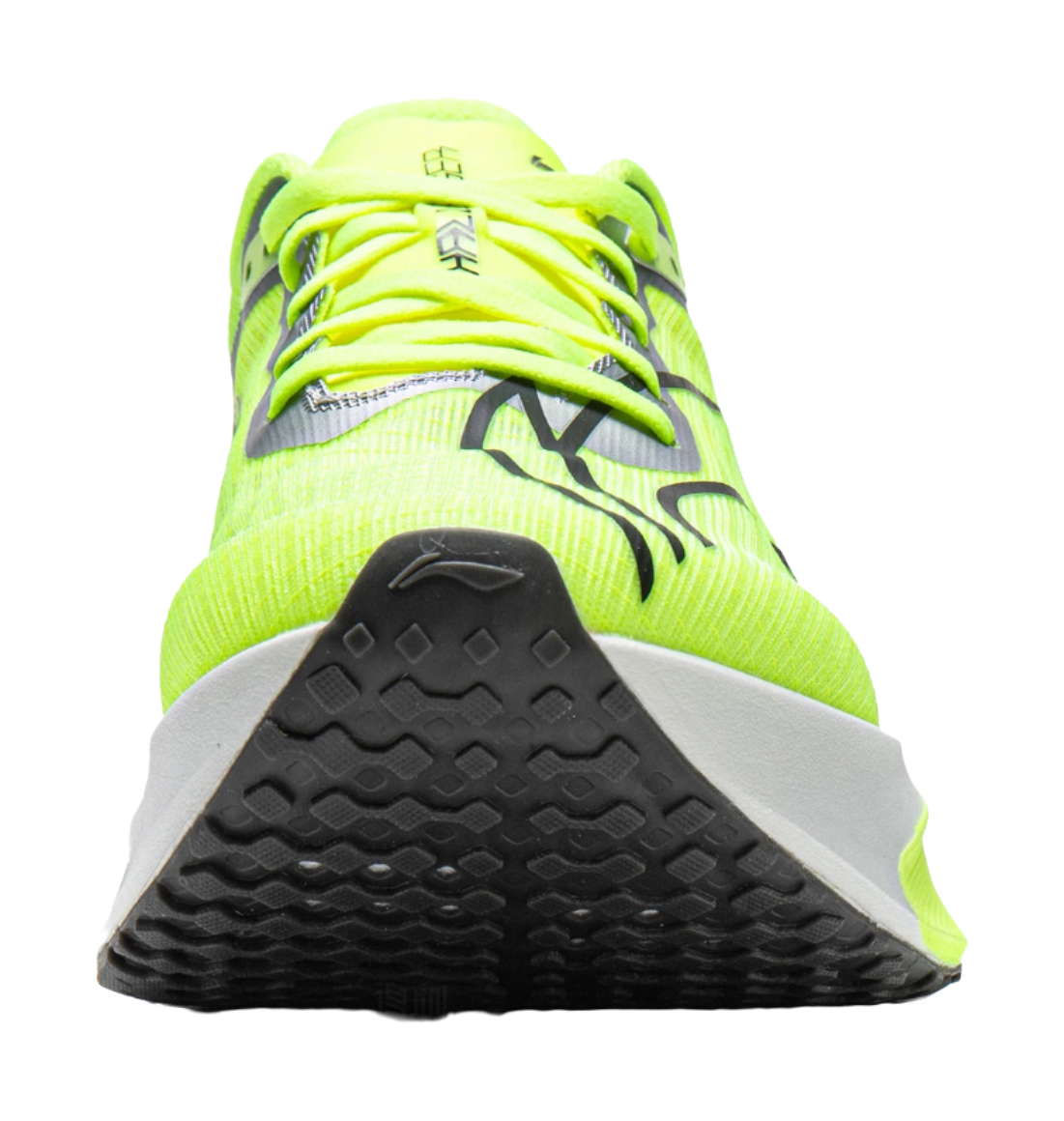 Neon green running shoe with black tread outsole and gray sidewall trim
