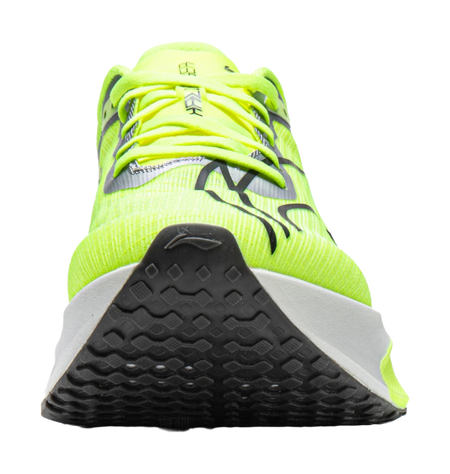 Neon green running shoe with black tread outsole and gray sidewall trim