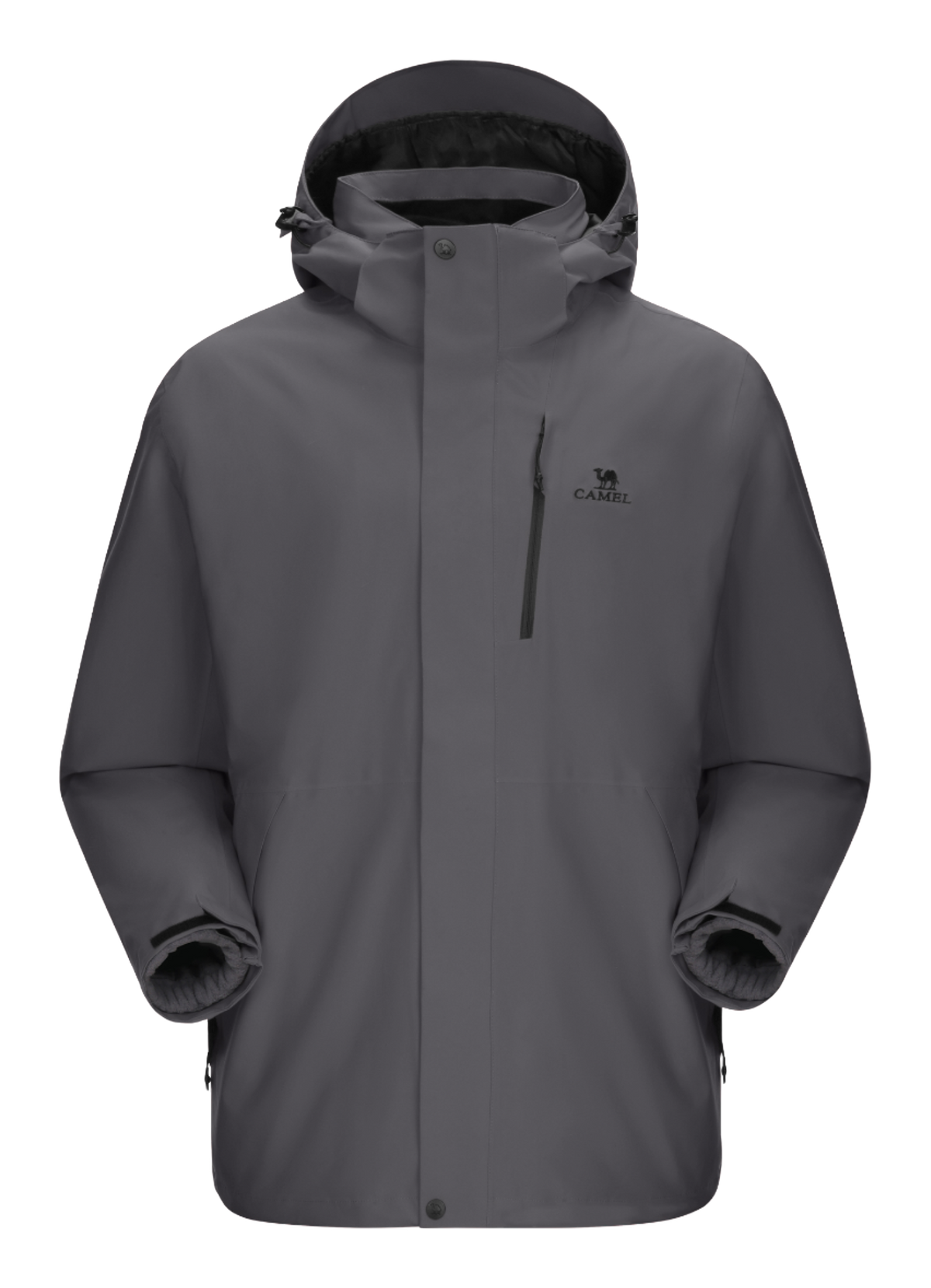 Dark gray waterproof hooded jacket with front zipper and drawstring, long sleeves