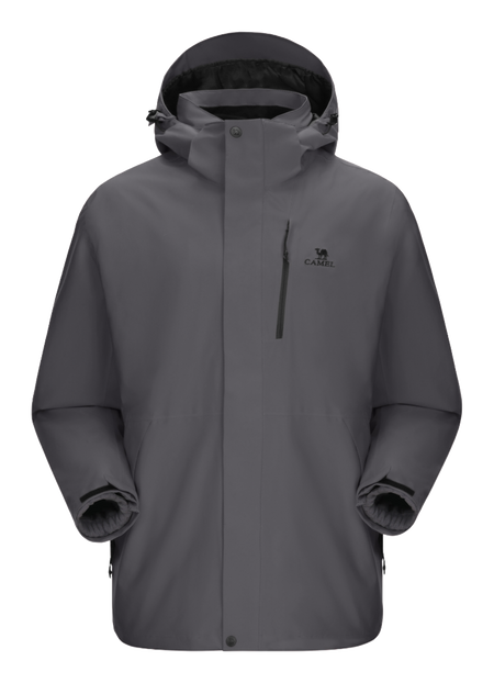 Dark gray waterproof hooded jacket with front zipper and drawstring, long sleeves