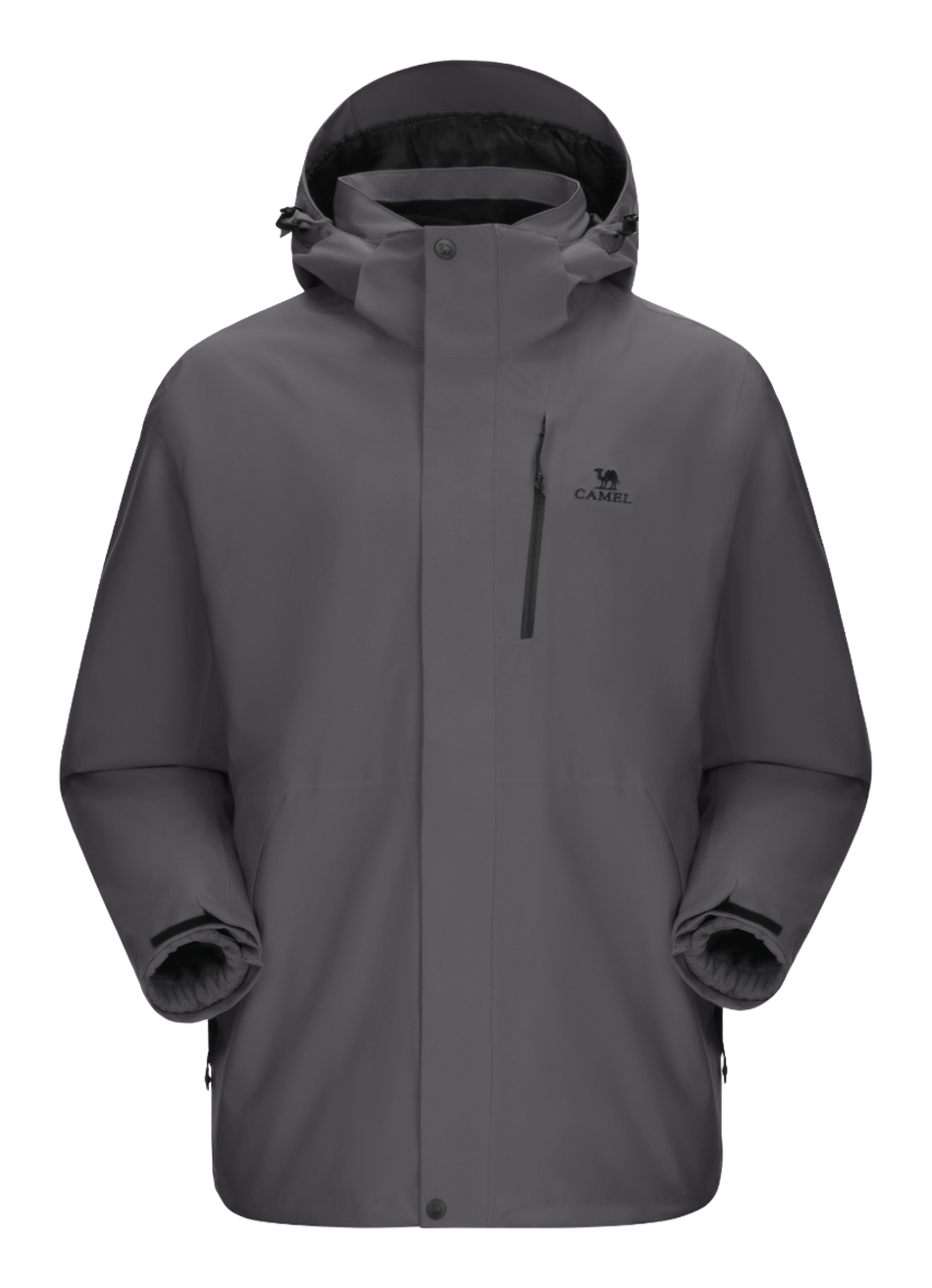 Dark gray waterproof hooded jacket with front zipper and drawstring, long sleeves